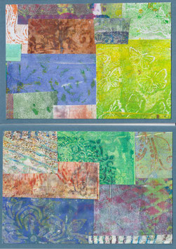 2 Faltkarten: Gellidruck-Collage groß, blau Var. 1