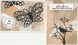 2 Faltkarten: Collage Buchseiten - Vogel/Schmetterling