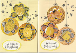 2 Faltkarten Weihnachten: blumige Christbaumkugeln gelb