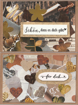 2 Faltkarten: Papiercollage Blümchen/Herzen braun