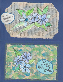 2 Faltkarten Aquarell-Blütenträume in blau/grün