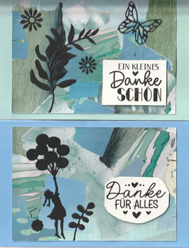 2 Faltkarten: schwarz auf blau - Luftballons/Blümchen