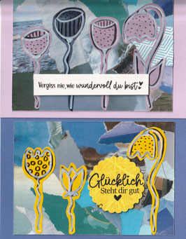 2 Faltkarten: Papiercollage blau/flieder/gelb - Blumenkelche
