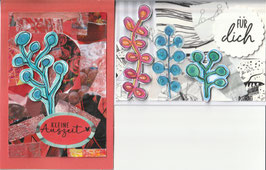 2 Faltkarten: Papiercollage und Applikation Bobbelbäume rot/weiß