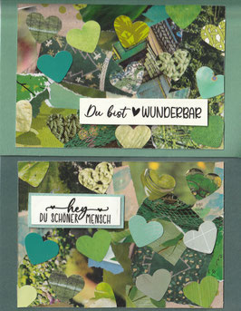 2 Faltkarten: Papiercollage Herzen grün