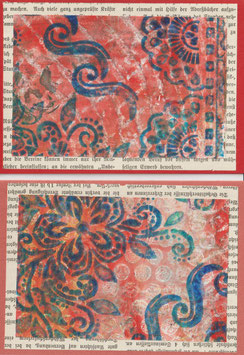 2 Faltkarten: Gellidruck Ornament rot/türkis, Var. 2