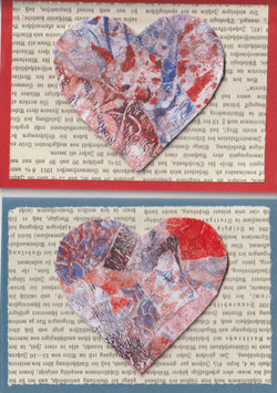2 Faltkarten: Gellidruck-Collage 3D: großes Herz in rot/blau