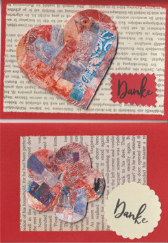 2 Faltkarten: Gellidruck-Collage 3D: Herz/Blume in rot/blau mit Stempelaufdruck "Danke"