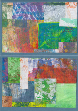 2 Faltkarten: Gelli-Collage groß, blau Var. 2