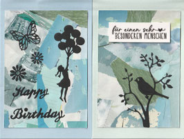 2 Faltkarten: schwarz auf blau - Vogel/Luftballons
