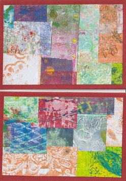 2 Faltkarten: Gellidruck-Collage groß, bordeaux