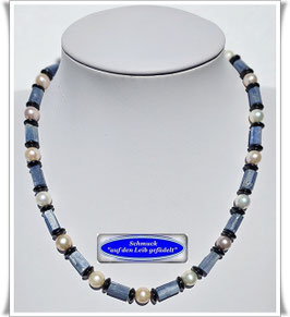3065. Kyanit-Süßwasser-Zuchtperlen-Onyx-Kette
