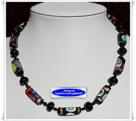 2208. schwarz-bunte Murano-Millefiori Glasbarren Kette mit Turmalin-Perlen
