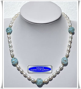 1214. echte Süßwasser-Zuchtperlen-Kette mit Muranoglas-Perlen