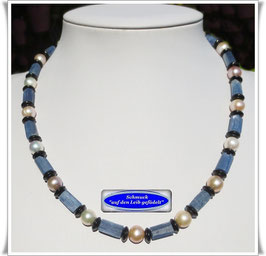 3065. Kyanit-Süßwasser-Zuchtperlen-Onyx-Kette