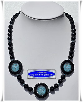 1998. schwarze Achat-Kette mit großen Muranoglas-Perlen