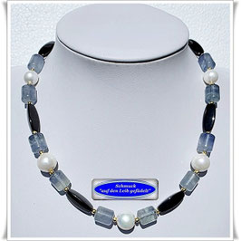 3053. edles Fluorit-Onyx-Süßwasser-Zuchtperlen-Collier