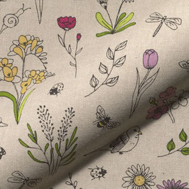 Spring Doodle Time, Blumen, Vögel, Insekten - Dekostoff Leinenlook