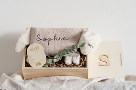 Die kleinen Freunde | Kuschelschaf | beige (hellgrau) mit Namen + Erinnerungsbox aus Holz