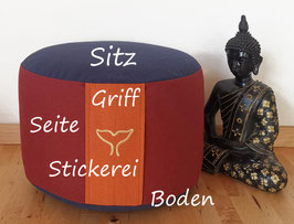 Runde BIO Meditationskissen - Eigene Farb-Gestaltung lt. Farbtabelle für Sitz, Seite, Griff & Boden - In 7 Kissenhöhen - Mit oder ohne Sticksymbol auf dem Griff