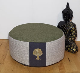 Einzelstück: Upcycling Meditationskissen in Olive-Grautönen mit Stickerei (Lebensbaum)