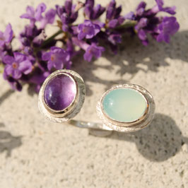 Amélie. Bague double pierre, Améthyste et Calcédoine.