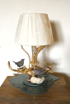 Verkauft / Vendu: Lampe sur pied en ardoise, bois flotté, oiseau en métal (moineaux), pierre de la Corse