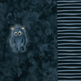 French Terry - Panel "Monster Moods "jeansblau