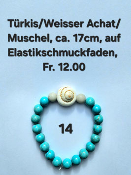 Armband Nr. 14, Türkis / Weisser Achat /Muschel, ca. 17cm