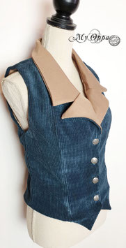 Gilet long velours cotelé bleu, col beige élégant steampunk avec boutonnage M