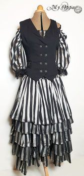 Ensemble Tenue steampunk/goth  L/XL jupe longue avec volants et haut rayé, gilet noire boutonnage noir/gris argent