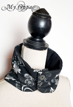 Tour de cou tissu japonais poissons bleu/blanc/noir doublé lainage snood