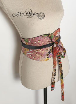 Ceinture kimono obi réversible noir/violet/rouge tissu japonais  XS/S