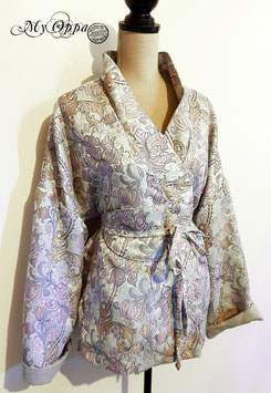 Kimono gris/rose/bleu avec la ceinture obi, veste casual avec poches, Haori brocart