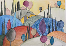 Fantasy Welt" – Eine hügelige, farbenfrohe Traumlandschaft