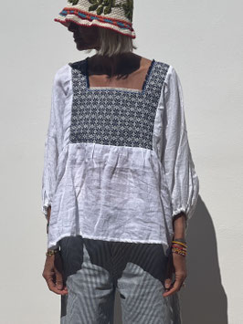 TINA WhiteBlue Linen Butterfly Blouse