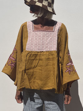 TINA MustardPink LINEN Embroidery Blouse