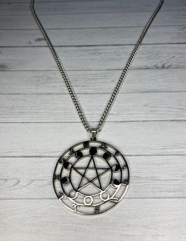 Pentagramm Mondphasen 12 Sternzeichen Anhänger, Edelstahl, silberfarbig, 45 x 40 mm einschließlich Anhängeöse, mit Kette 60 cm