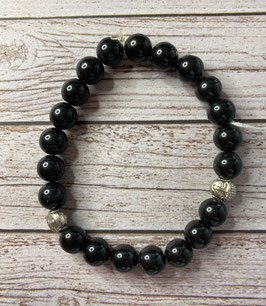 Obsidian schwarz Kugel Armband, Kugeln 8 mm Durchmesser, silberfarbige Buddhaköpfe, 19 cm elastisch Stretchband