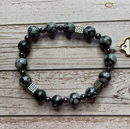 Obsidian Schneeflockenobsidian Kugel Armband, 8 mm Kugeln, silberf. Spacer, 19 cm elastisch Stretchband - ohne Deko