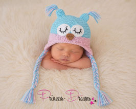 Newborn Mütze Mädchen für Babyshooting Eulenmütze pastell türkis/rosa ca. bis KU 39cm