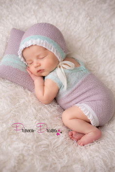 Newborn Outfit Mädchen 3tlg. Set Romper, Häubchen & Kissen/Pillow mint/grau