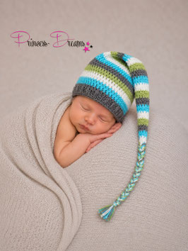 Newborn Mütze Junge Blau für Babyshooting Mütze bis KU 39cm grau/weiß/türkis/grün gestreift