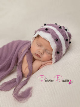 Newborn Fotografie Requisiten Mützchen Häubchen weiß/lila m. Perlen ca. 0-5 Monat