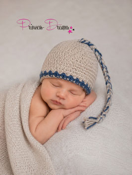 Newborn Bonnet Beige für Neugeborenenfotografie Mütze bis KU 39cm beige mit blau