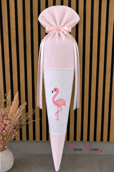 Musselin Schultüte mit Motiv Flamingo rosa/weiß