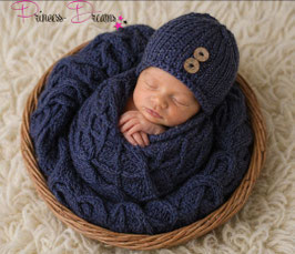 Outfit für Newborn Shooting Strick-Set marineblau Wrap & Mütze