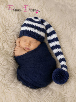Newborn Fotografie Bommelmütze weiß/marineblau gestreift bis KU 39cm