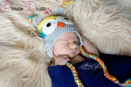 Babymütze Junge Eulenmütze grau bis ca. KU 39cm