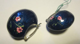 Silver earrings blue enamelled with pink flowers